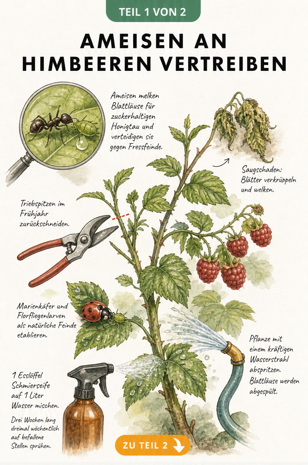Illustration eines Himbeertriebs mit Ameisen, Blattläusen und Maßnahmen zur Bekämpfung wie Rückschnitt, Marienkäfer und Schmierseife