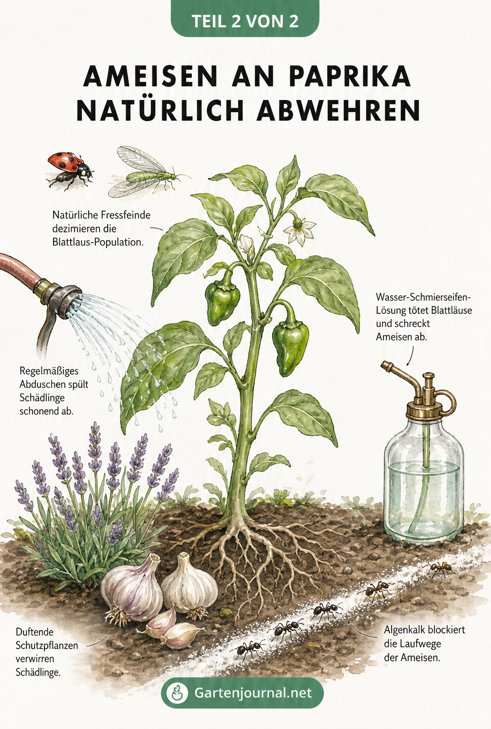 Illustration einer gesunden Paprikapflanze mit natürlichen Abwehrmethoden wie Marienkäfern, Florfliegen, Lavendel, Knoblauch und Algenkalk gegen Ameisen und...