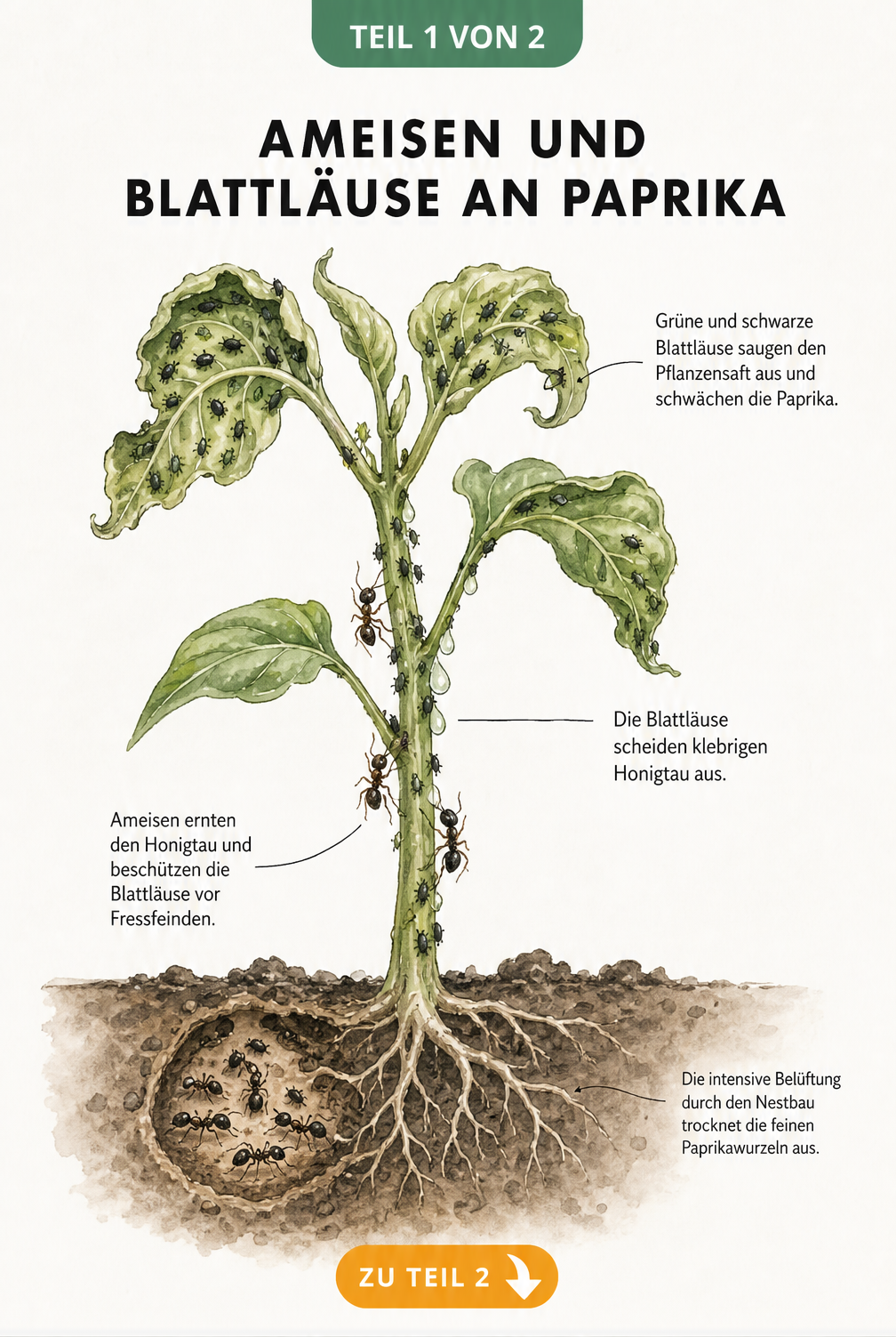 Botanische Illustration einer Paprikapflanze mit Ameisen und Blattläusen, die Honigtau ernten, sowie einem Ameisennest im Wurzelbereich.