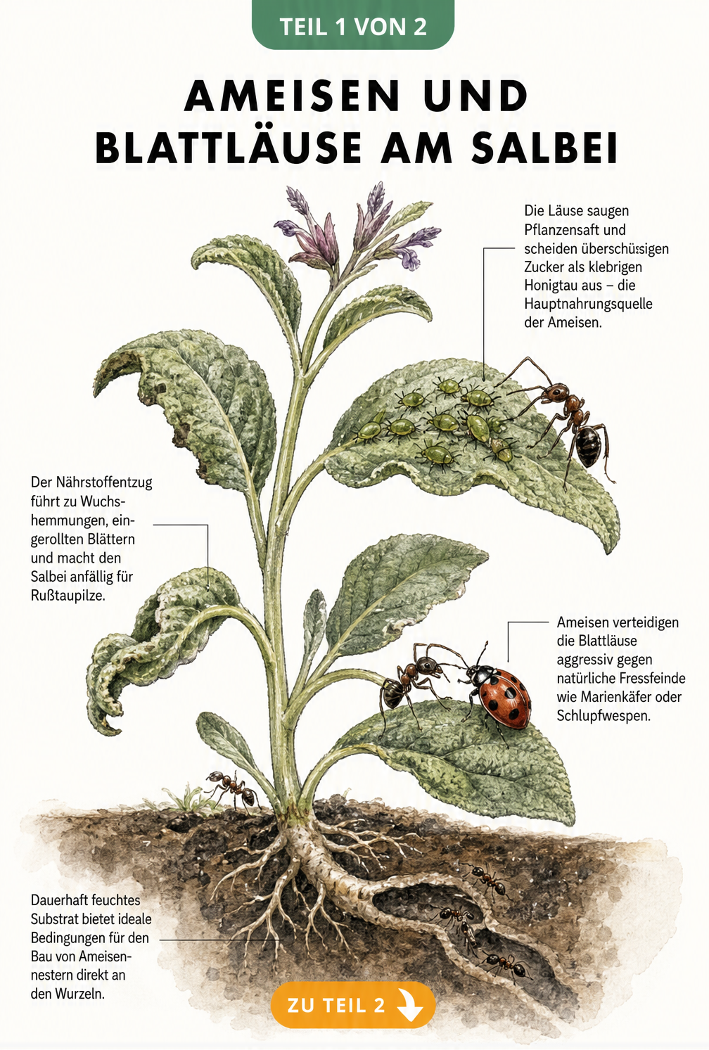 Botanische Illustration eines Salbeitriebs mit Blattläusen, Ameisen und einem Marienkäfer, die den biologischen Kreislauf und die Symbiose zeigen.