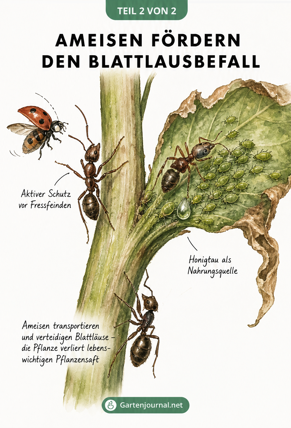 Makro-Zeichnung eines Pflanzenstängels, an dem Ameisen Blattläuse melken und vor einem Marienkäfer beschützen.