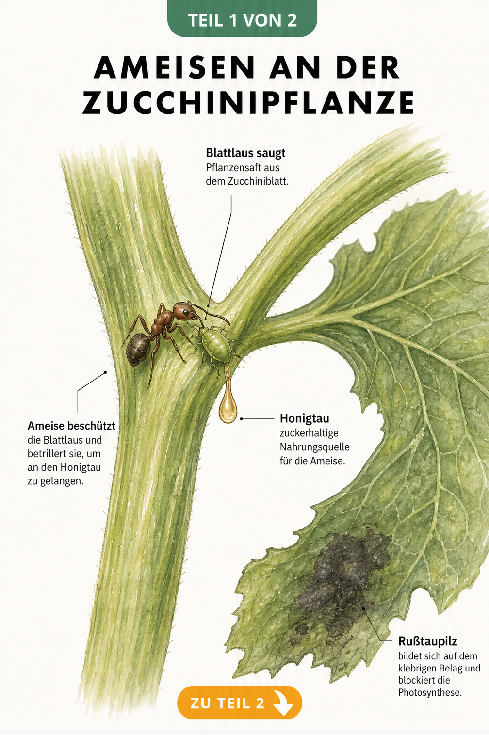 Botanische Illustration einer Zucchinipflanze mit Ameise und Blattlaus, die Honigtau absondert, sowie Rußtaupilz am Blatt.