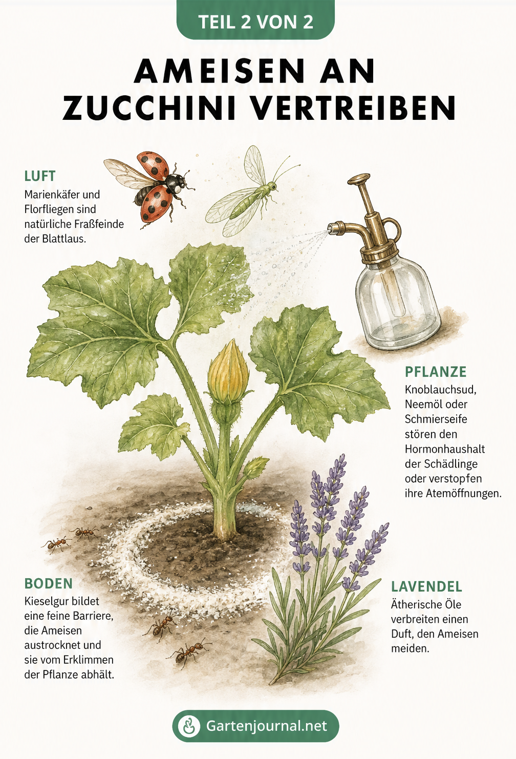 Illustration einer Zucchinipflanze mit natürlichen Abwehrmaßnahmen wie Marienkäfer, Florfliege, Knoblauchsud, Kieselgur und Lavendel.