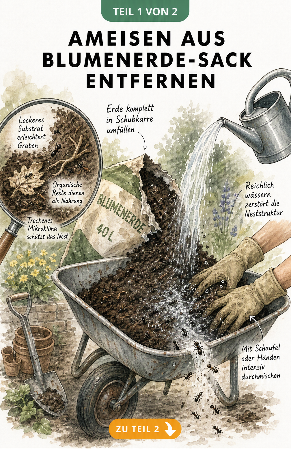 Illustration einer Schubkarre, in die ein Sack Blumenerde entleert wird, um Ameisen durch Wässern und Mischen zu entfernen