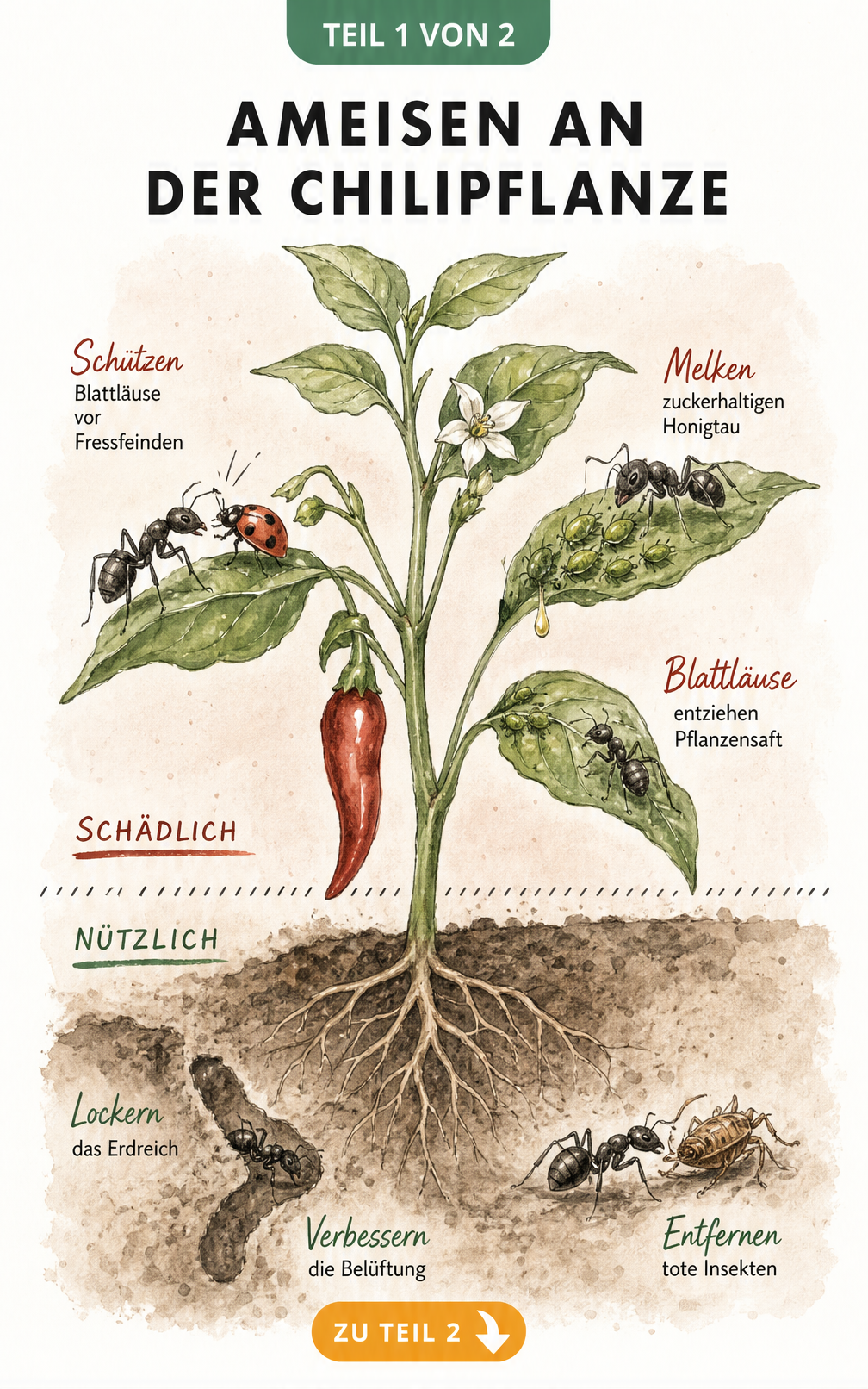 Botanische Illustration einer Chilipflanze, die das Zusammenspiel von Ameisen, Blattläusen und Wurzeln zeigt.