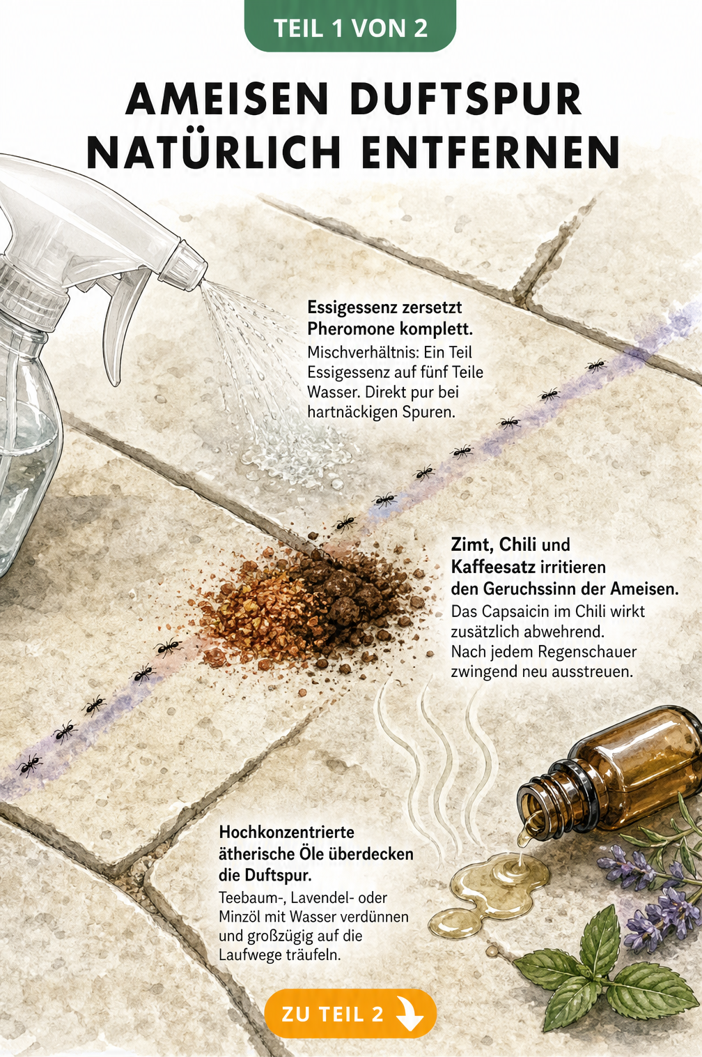 Aufsicht auf Terrassenboden mit Ameisen-Duftspur, die durch Essigessenz, Zimt, Chili, Kaffeesatz und ätherische Öle unterbrochen wird.