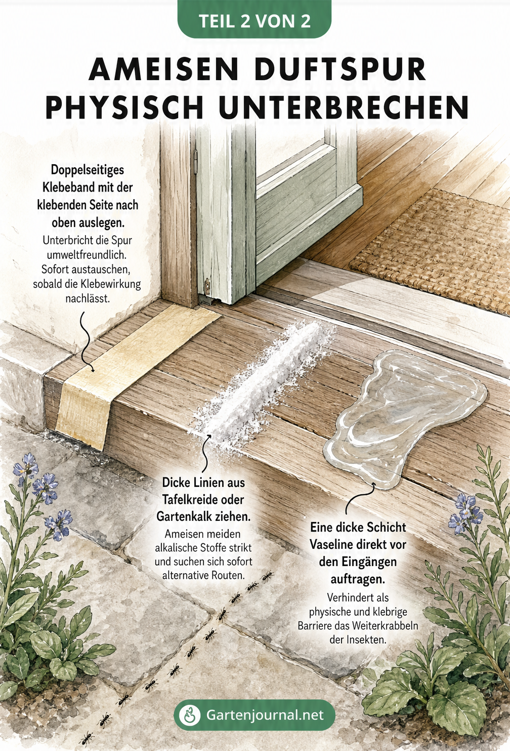 Schnittzeichnung einer Terrassentür-Schwelle mit Barrieren aus doppelseitigem Klebeband, Kreide und Vaseline gegen Ameisen.