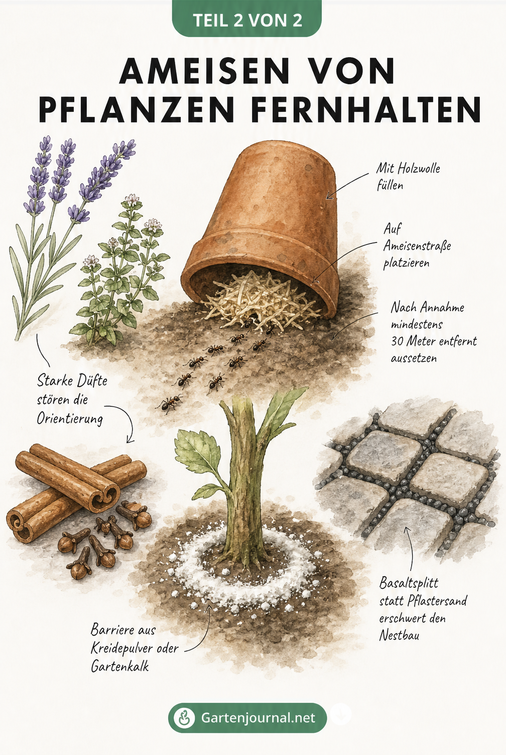 Aquarell-Illustration der Tontopf-Methode zur Umsiedlung von Ameisen sowie Abwehrmaßnahmen wie Lavendel, Zimt und Kreidepulver.