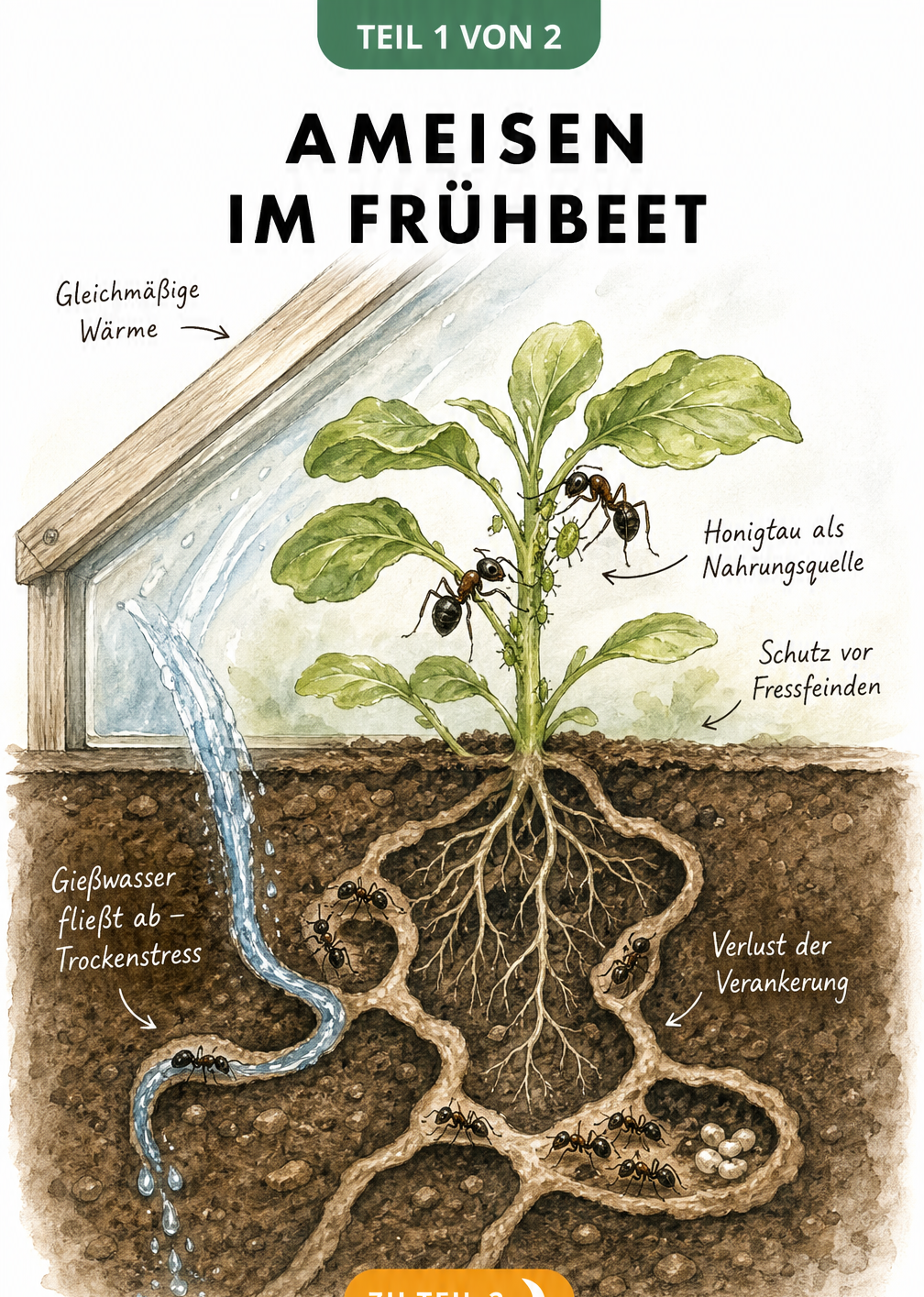 Botanische Querschnitts-Illustration eines Frühbeets mit Ameisennest, das Gießwasser ableitet und Wurzeln freilegt.