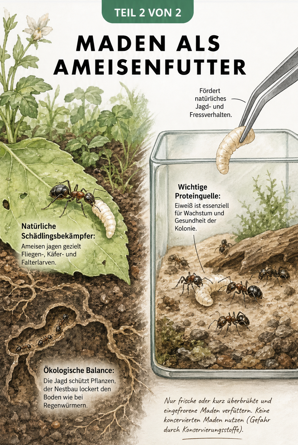 Zweigeteilte Illustration: Eine Ameise transportiert eine Fliegenlarve im Garten, daneben wird eine Made mit einer Pinzette in ein Ameisen-Terrarium gereicht.