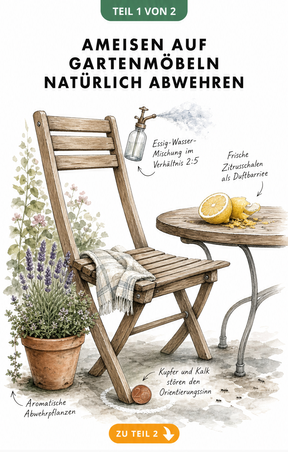 Illustration eines Gartenstuhls mit natürlichen Mitteln zur Ameisenabwehr wie Kupfer, Zitrone, Essig und Lavendel