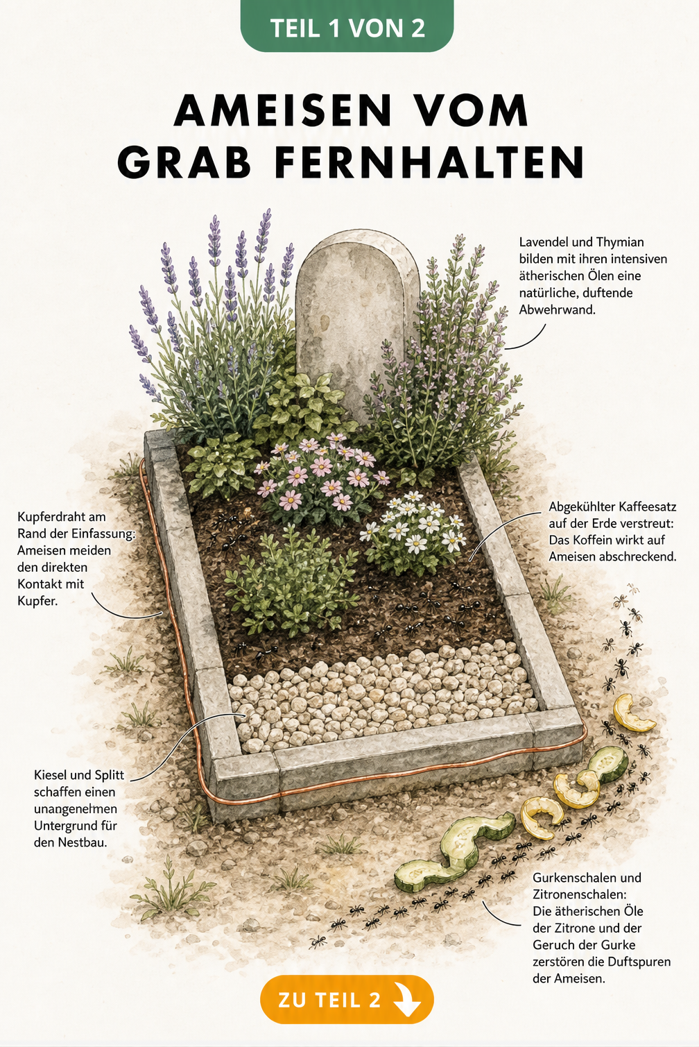 Illustration eines Grabes mit natürlichen Barrieren gegen Ameisen wie Kupferdraht, Kieselsteinen, Kaffeesatz, Zitronenschalen und Lavendel.