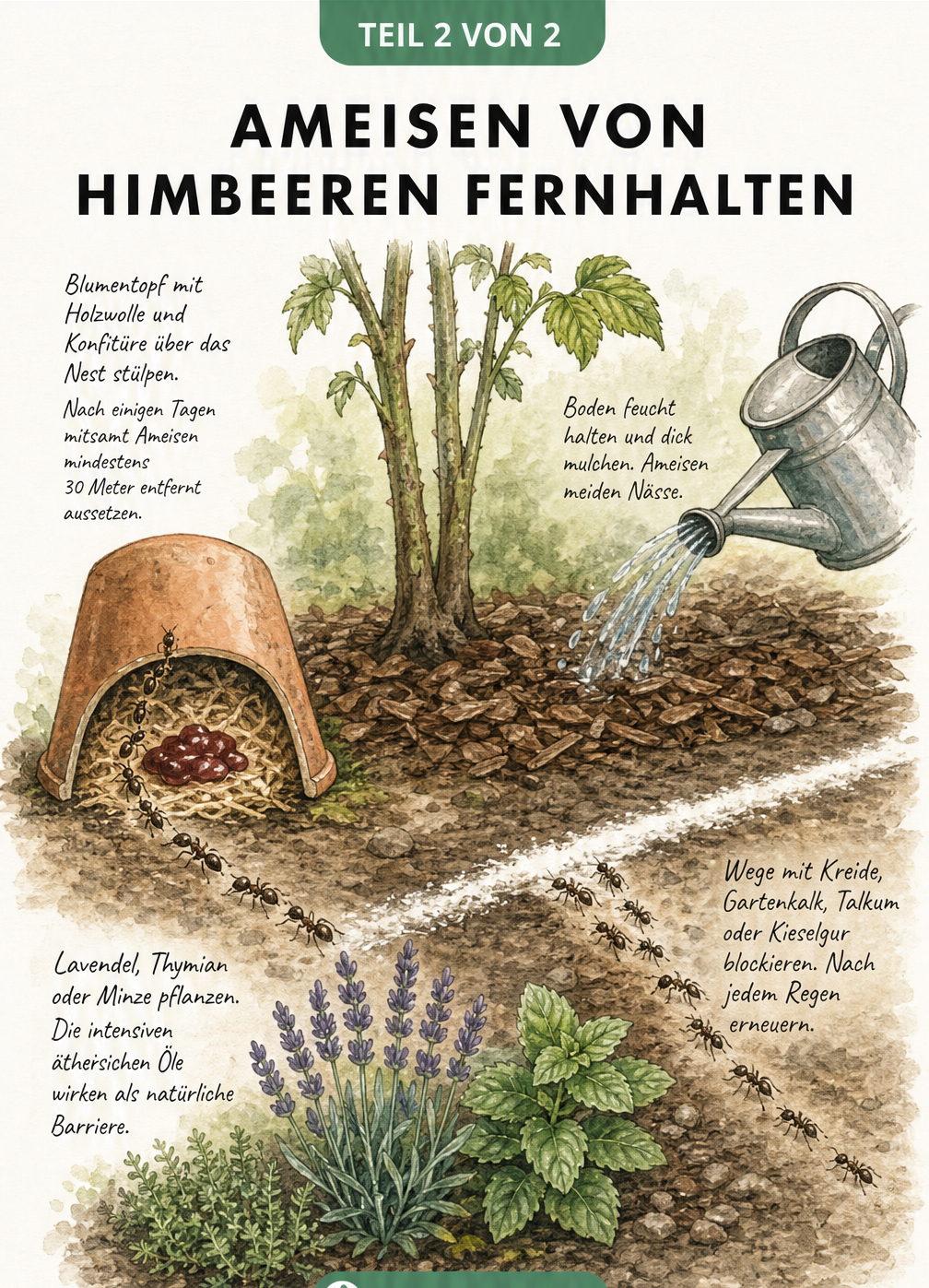 Querschnitt eines Himbeerbeets mit Blumentopf zur Ameisenumsiedlung, Rindenmulch, Kreidelinie und Begleitpflanzen wie Lavendel
