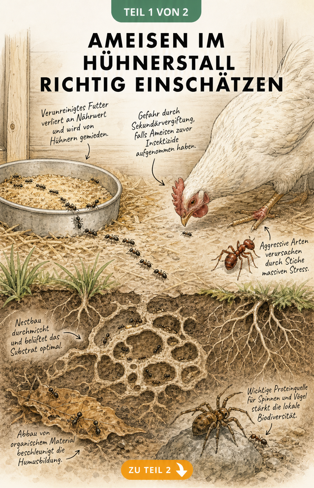 Querschnitt eines Hühnerstalls mit Ameisen, die Futter verunreinigen, und einem Ameisennest im Erdreich, das den Boden belüftet.