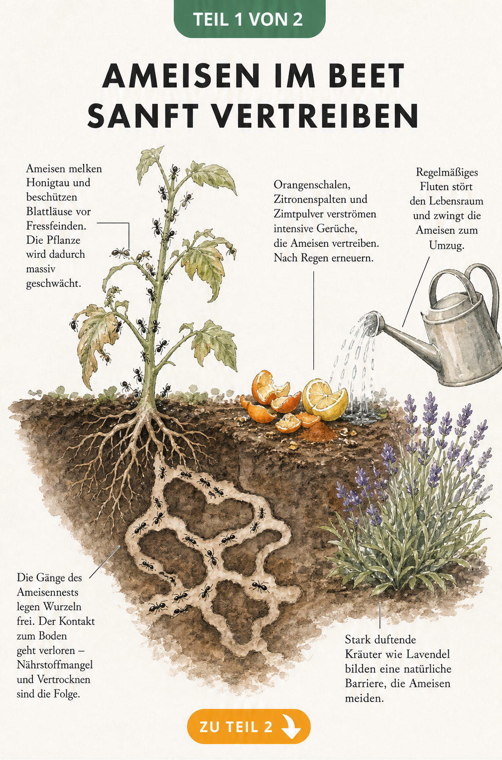 Illustration eines Gartenbeets im Querschnitt, die zeigt, wie Ameisen Pflanzen schädigen und wie man sie mit natürlichen Mitteln wie Zitronenschalen und...