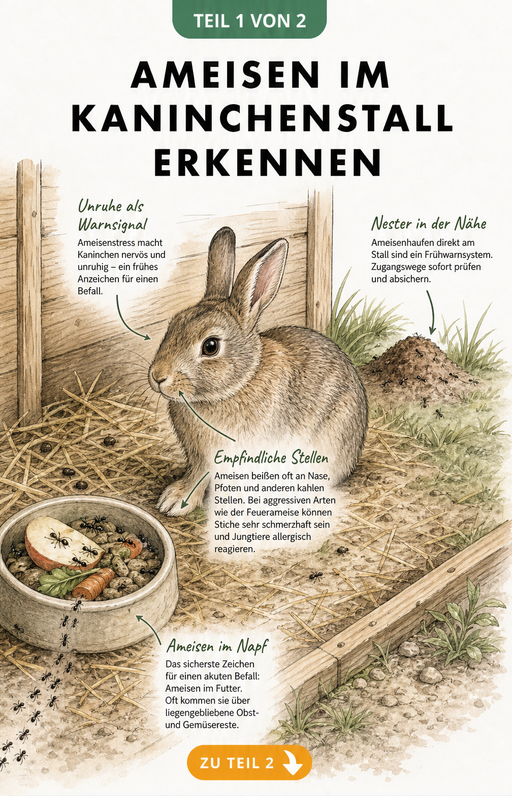 Illustration eines Kaninchens im Stall mit Ameisenstraße zum Futternapf und Hinweisen auf Gefahren durch Ameisenbisse.