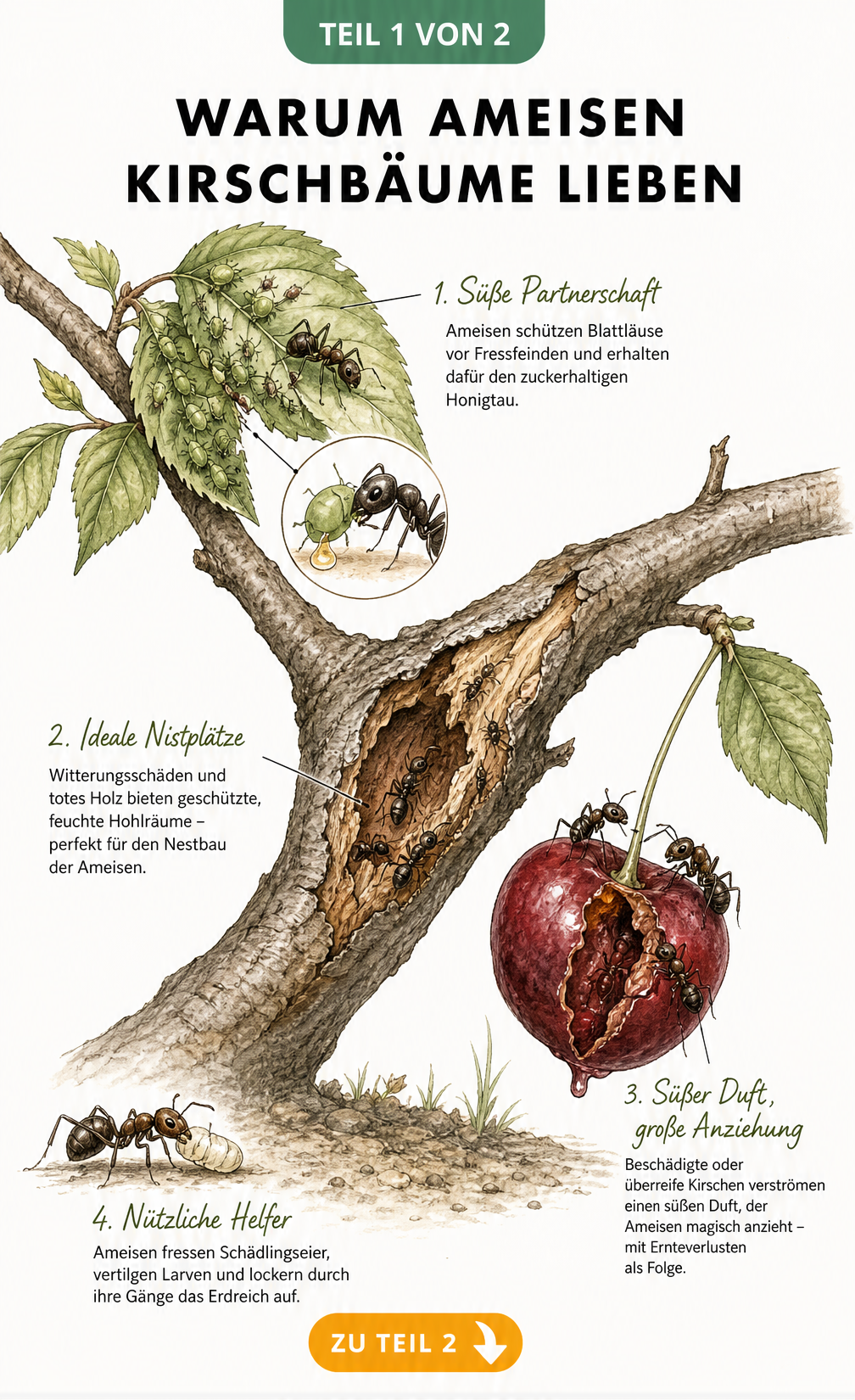 Botanische Illustration eines Kirschbaumastes, die zeigt, wie Ameisen Blattläuse melken, in morschem Holz nisten und an überreifen Kirschen fressen.