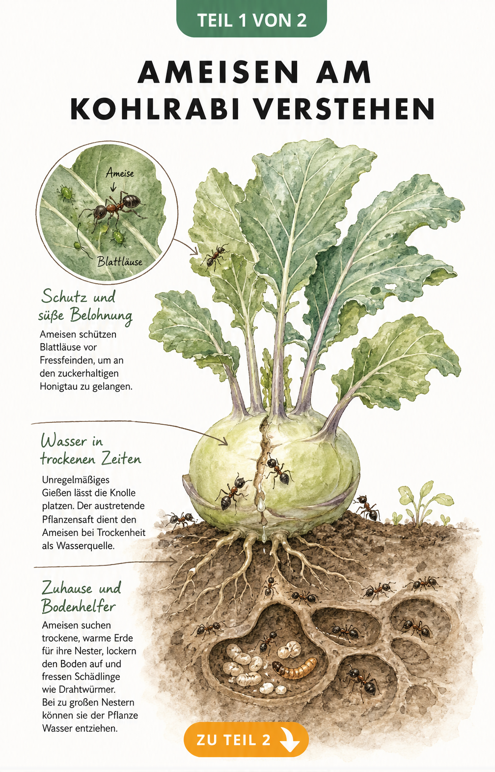 Botanische Schnittdarstellung einer Kohlrabipflanze, die zeigt, warum Ameisen sie aufsuchen: Blattläuse melken, Wasser aus Rissen trinken und Nester in...