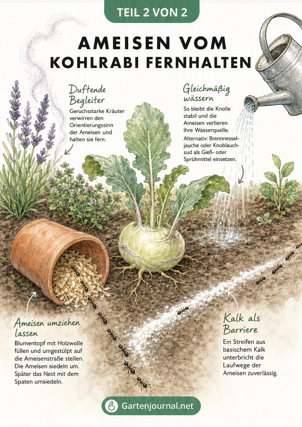 Gartenskizze mit natürlichen Abwehrmaßnahmen gegen Ameisen am Kohlrabi: Blumentopf zum Umsiedeln, Kalkstreifen, duftende Kräuter und gleichmäßiges Gießen.