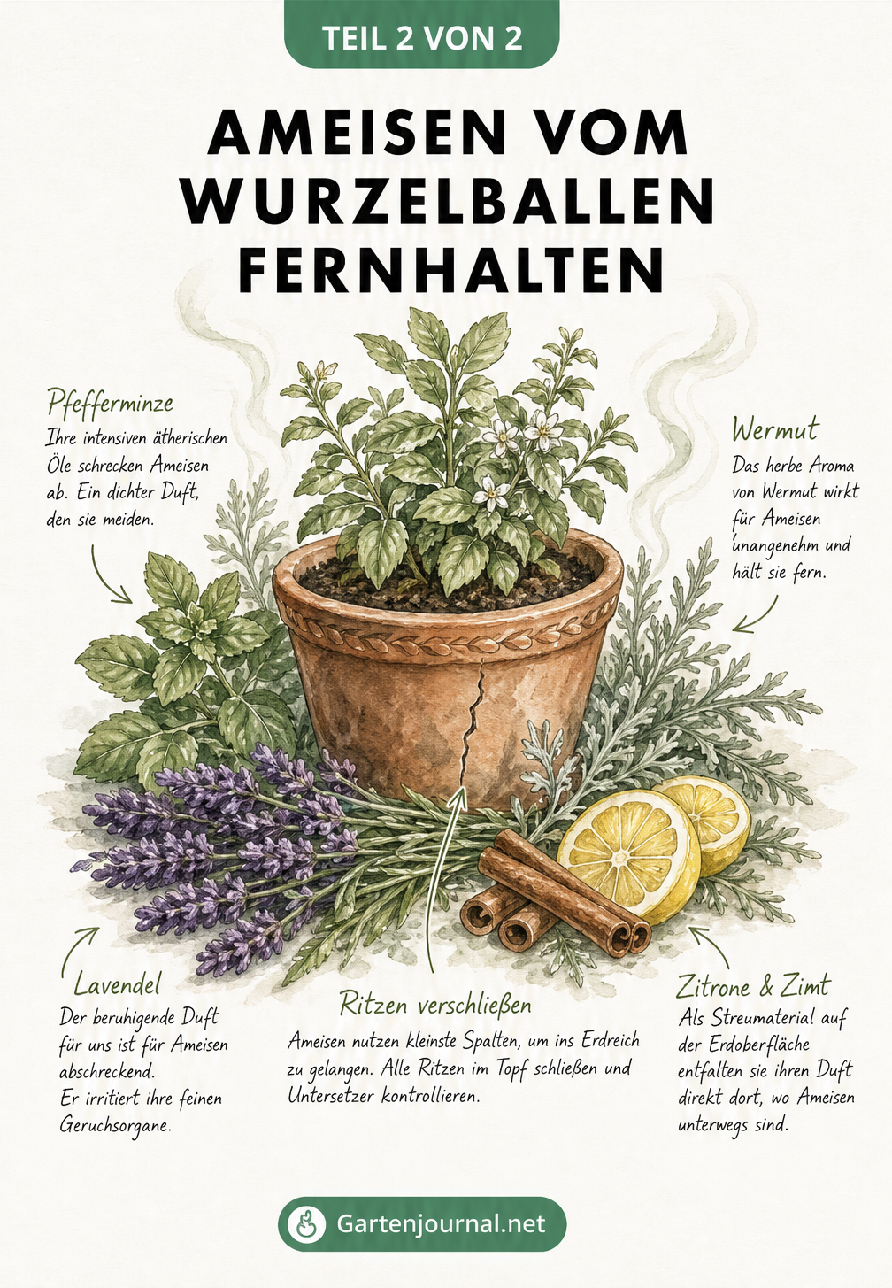 Illustration einer Kübelpflanze umgeben von Abwehrpflanzen wie Pfefferminze, Lavendel und Gewürzen wie Zimt und Zitrone