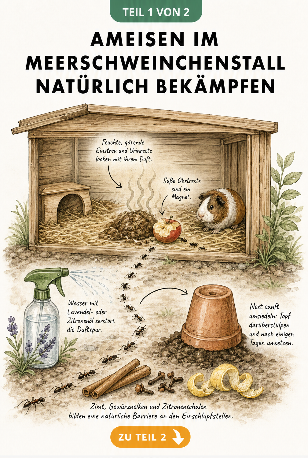 Querschnitt eines Meerschweinchenstalls zeigt Ursachen für Ameisen wie feuchte Einstreu und Obst sowie natürliche Abwehrmethoden wie Lavendelspray und...