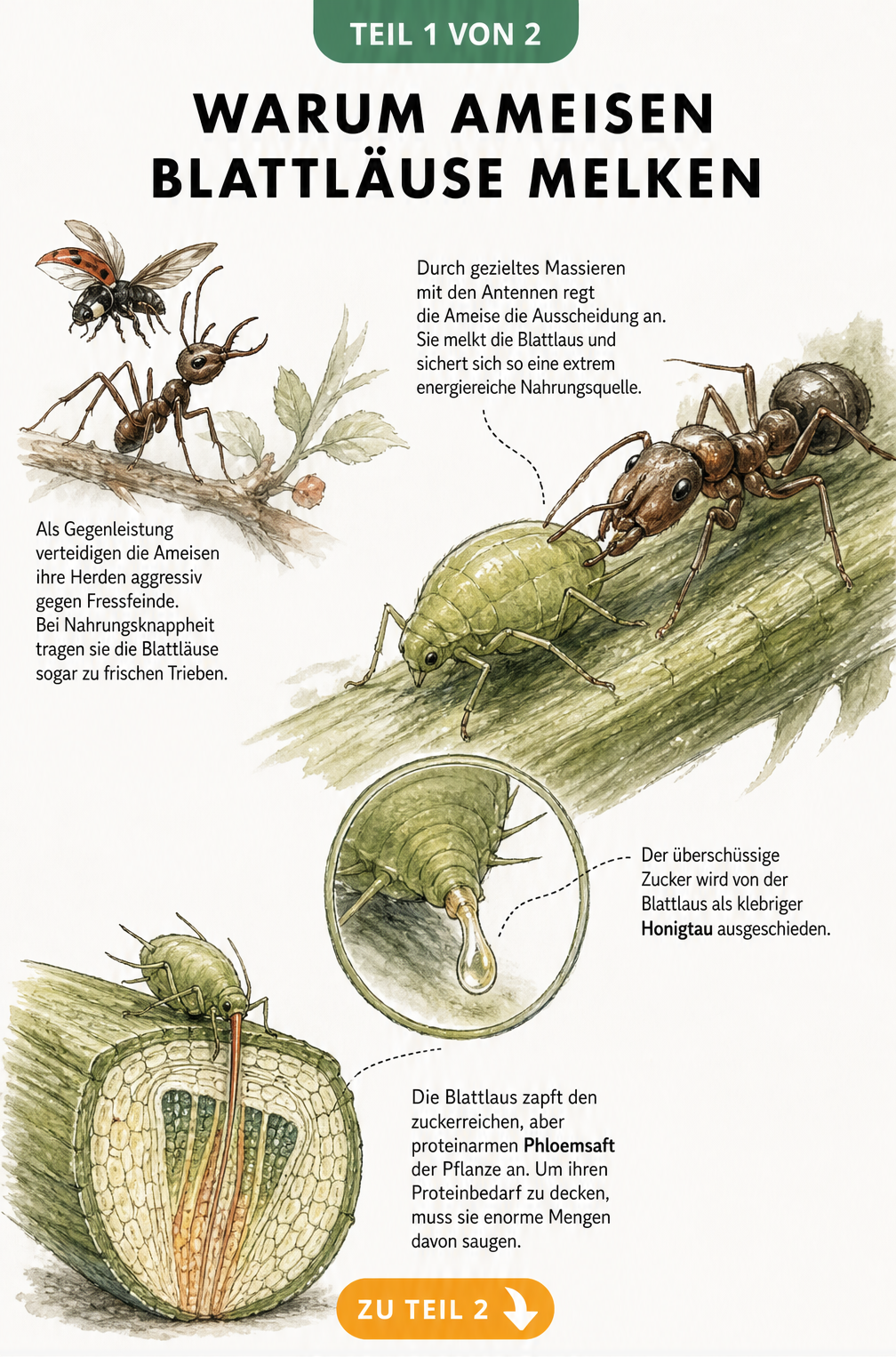 Botanische Illustration einer Ameise, die eine Blattlaus an einem Pflanzenstängel melkt, während eine andere Ameise einen Marienkäfer abwehrt.