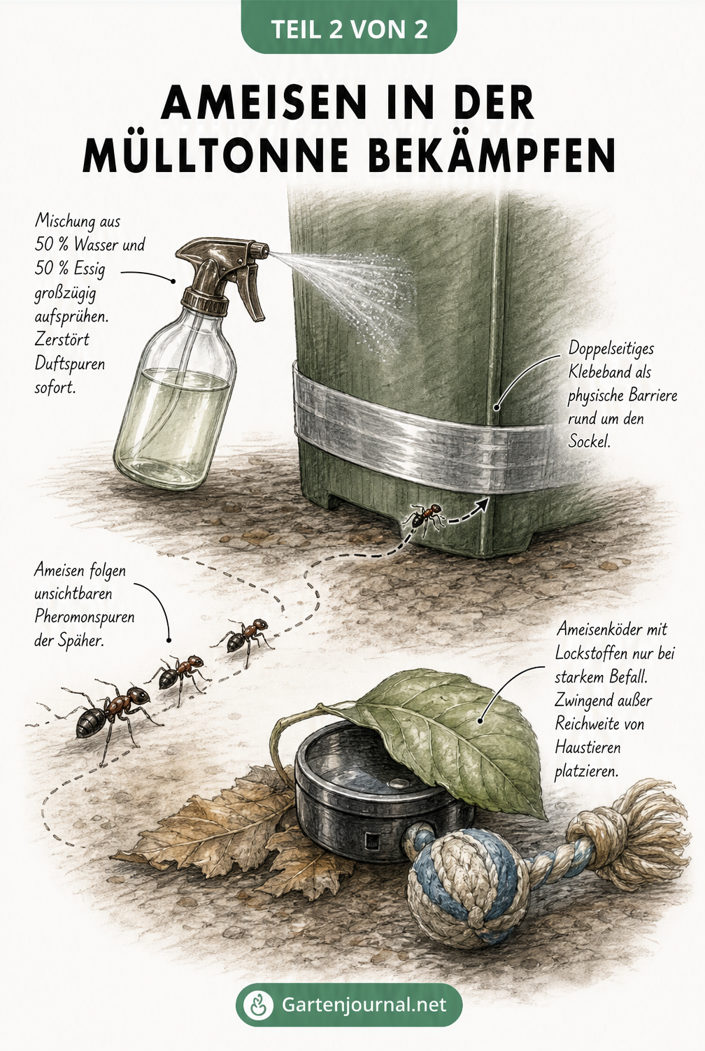 Illustration zur Bekämpfung von Ameisen an der Mülltonne mit Klebeband am Sockel und Essigwasser-Spray.