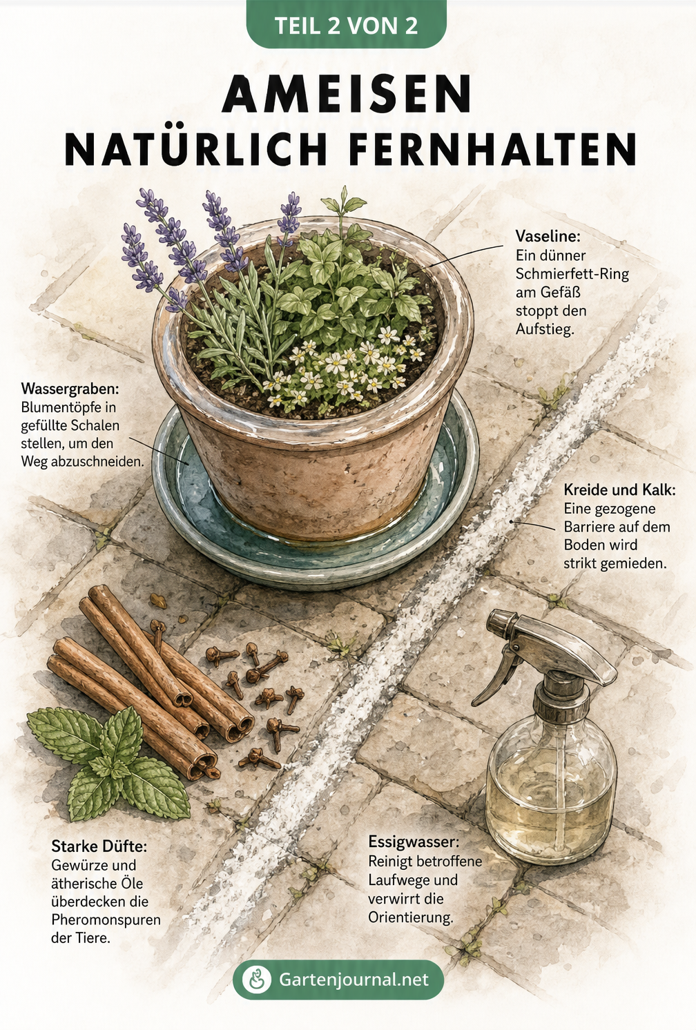 Aquarell-Illustration einer Terrasse mit Blumentopf und natürlichen Barrieren gegen Ameisen