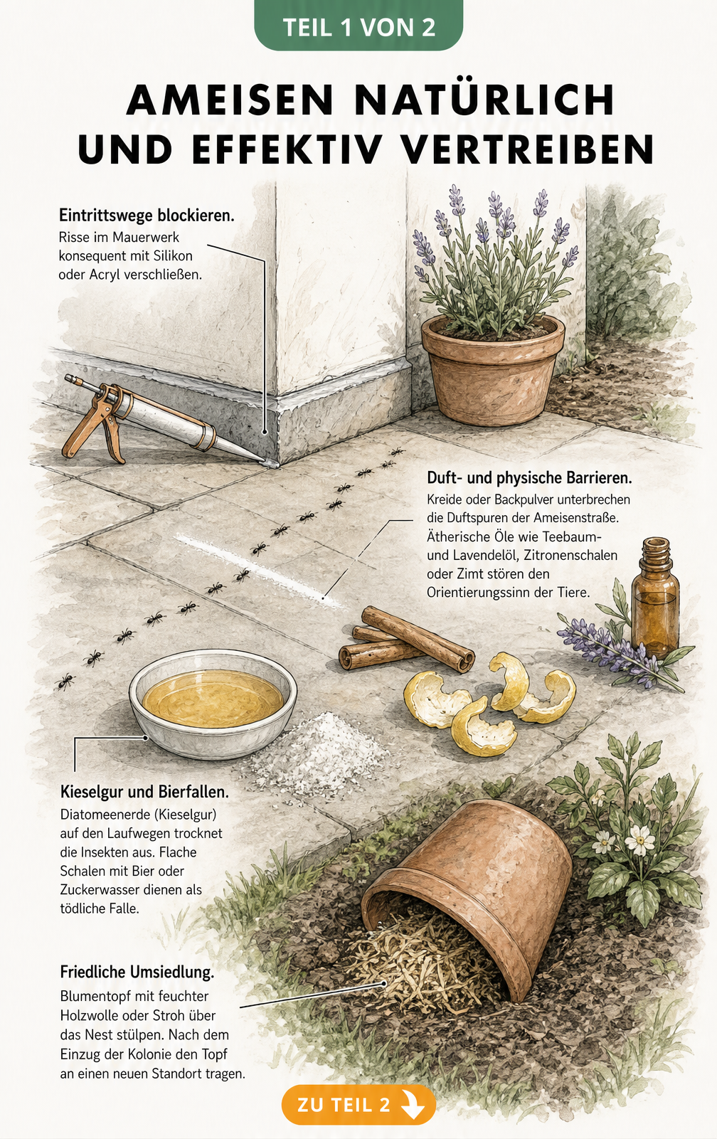 Illustration verschiedener natürlicher Methoden zur Ameisenbekämpfung an Hauswand, Terrasse und im Gartenbeet