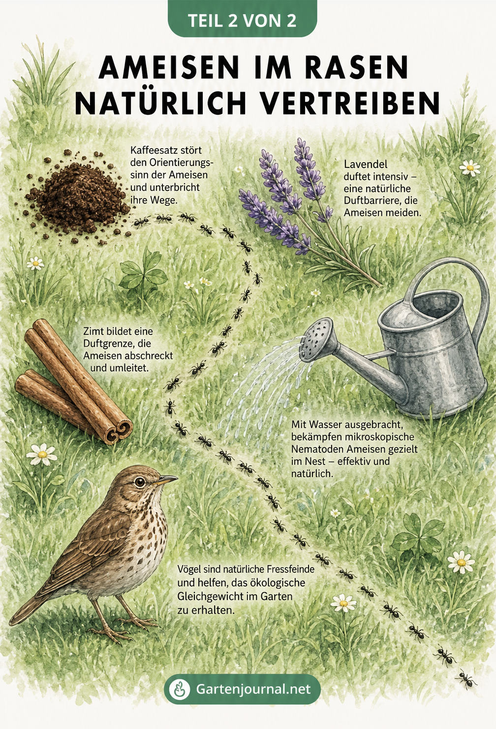 Illustration verschiedener natürlicher Hausmittel gegen Ameisen im Rasen wie Kaffeesatz, Lavendel, Zimt und Nematoden