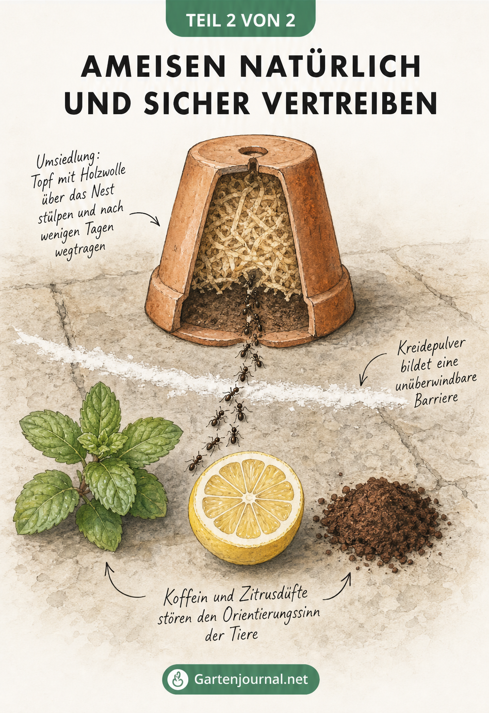 Botanische Illustration eines Blumentopfs mit Holzwolle zur Ameisenumsiedlung, umgeben von Kreide, Minze, Zitrone und Kaffeepulver als natürliche Abwehrmittel.