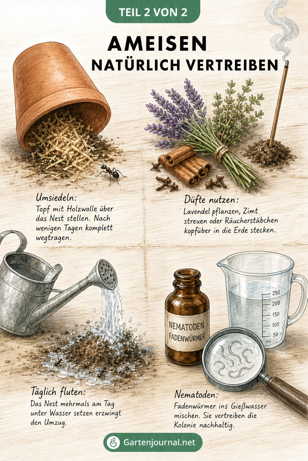 Aquarell-Illustration von vier natürlichen Methoden gegen Ameisen: Umsiedeln mit Topf, Düfte wie Lavendel, Nest fluten und Nematoden.