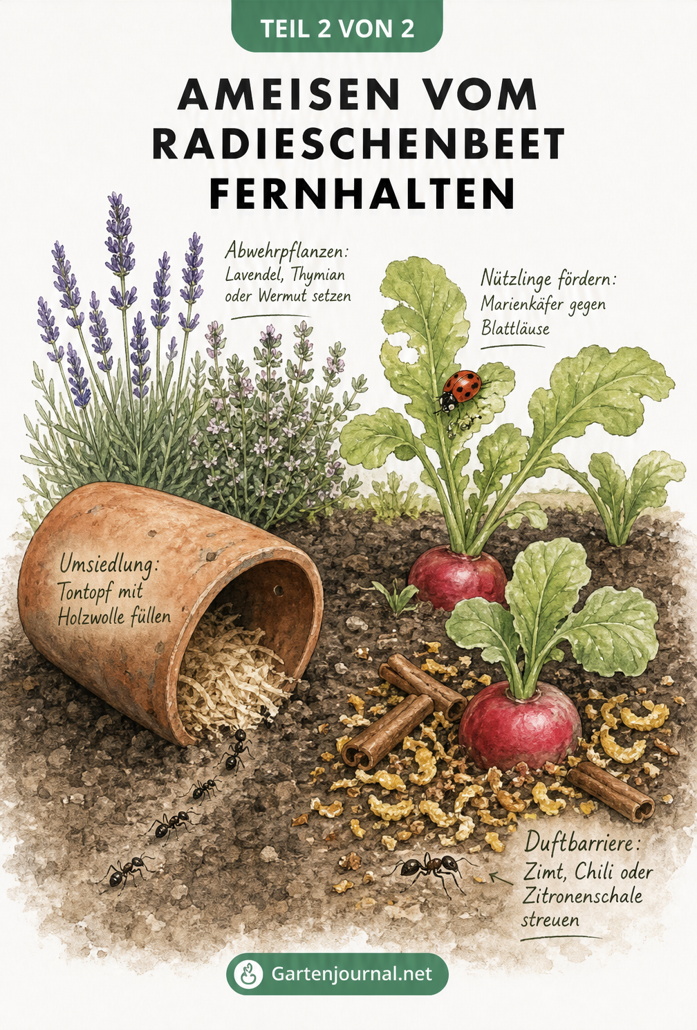 Illustration eines Radieschenbeets mit natürlichen Abwehrmethoden gegen Ameisen wie Lavendel, Thymian, Zimt, Zitronenschale und einem Tontopf zur Umsiedlung.