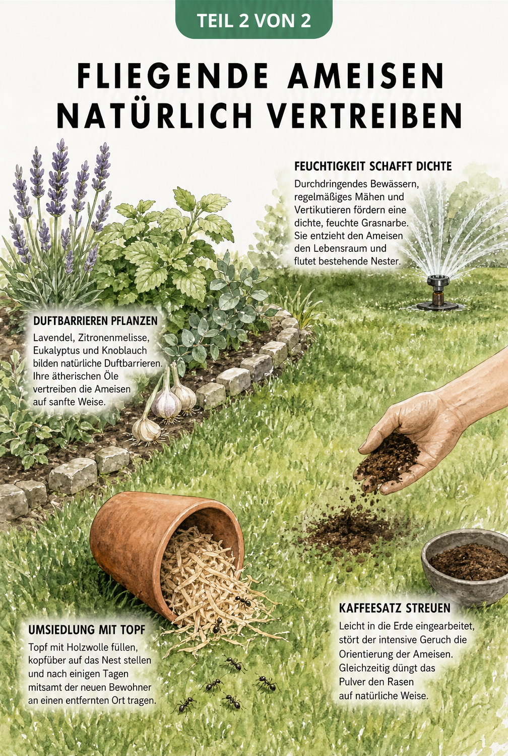 Illustration eines Gartenbeets mit natürlichen Methoden gegen Ameisen: Blumentopf zur Umsiedlung, Kaffeesatz, Kräuter und Rasensprenger.