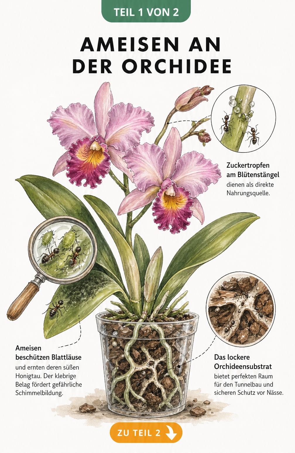 Botanische Illustration einer Orchidee mit Ameisen, Blattläusen und Zuckertropfen am Blütenstängel
