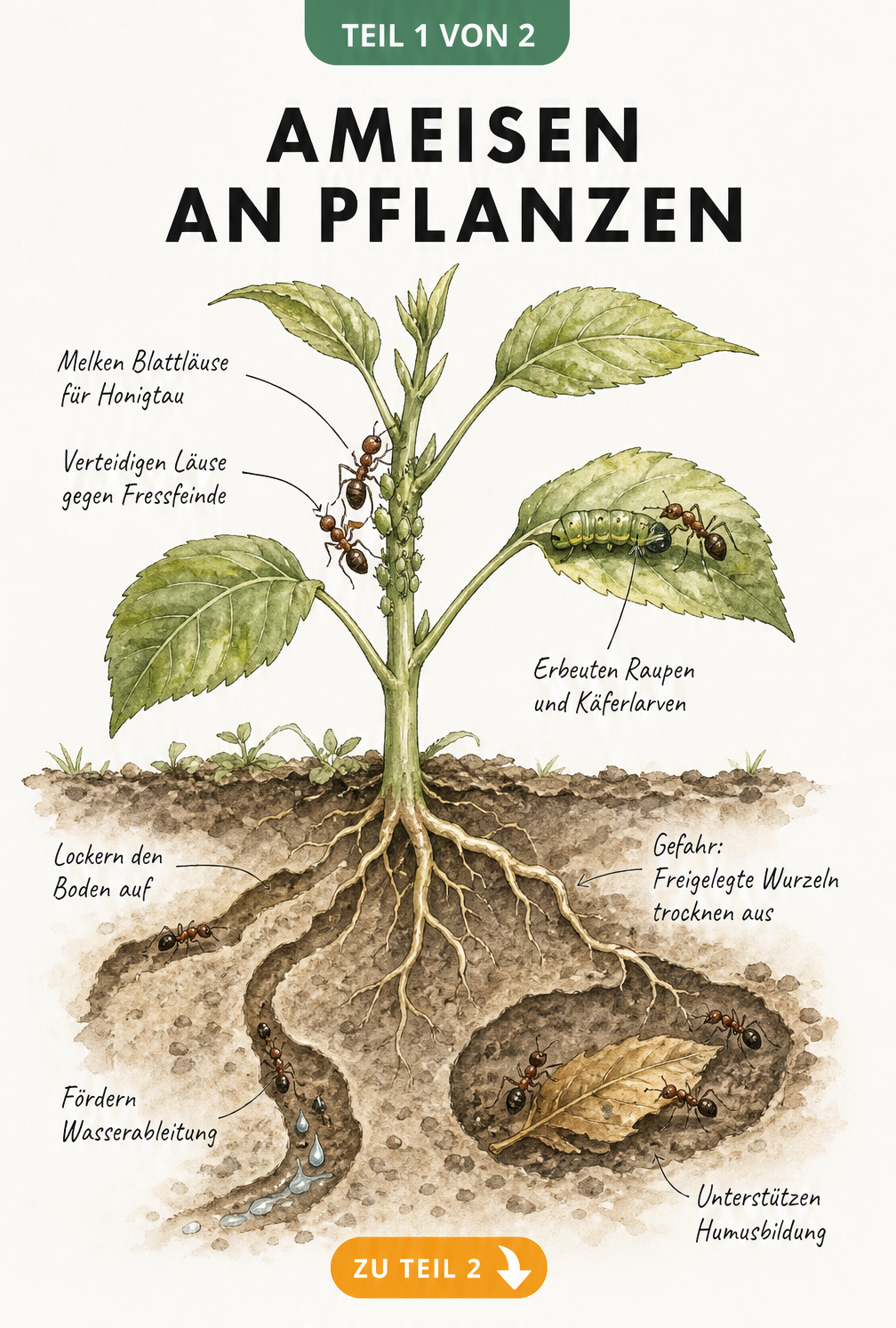 Botanische Illustration einer Pflanze im Querschnitt, die nützliche und schädliche Aktivitäten von Ameisen wie Blattlaus-Symbiose und Bodenauflockerung zeigt.