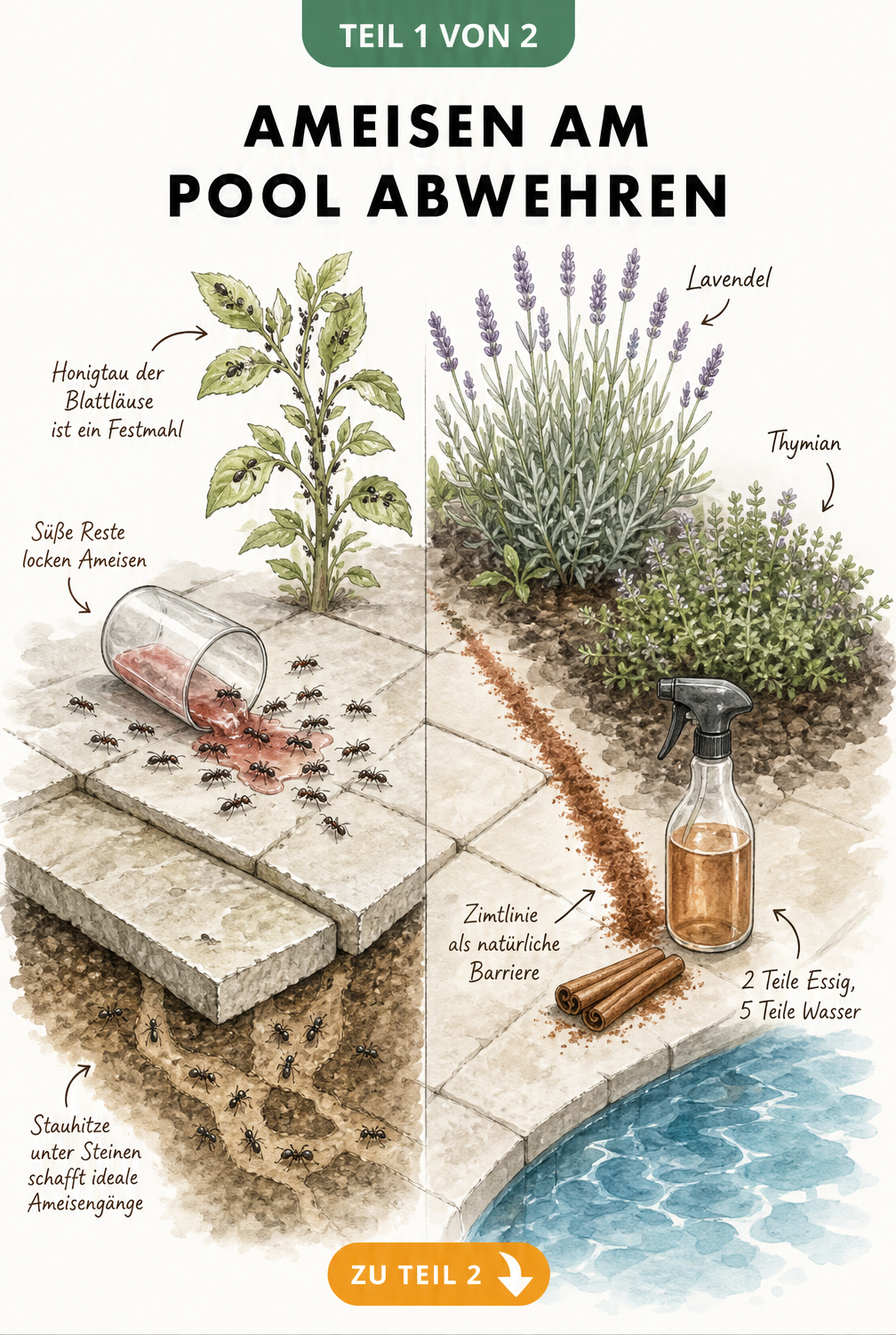 Illustration eines Poolrands mit Ameisen, die von süßen Resten und Blattläusen angelockt werden, sowie natürlichen Barrieren aus Zimt, Essig und Lavendel.