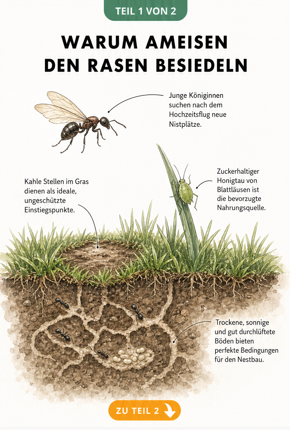 Schnittzeichnung eines Rasens mit Ameisen, Blattläusen und Erdgängen