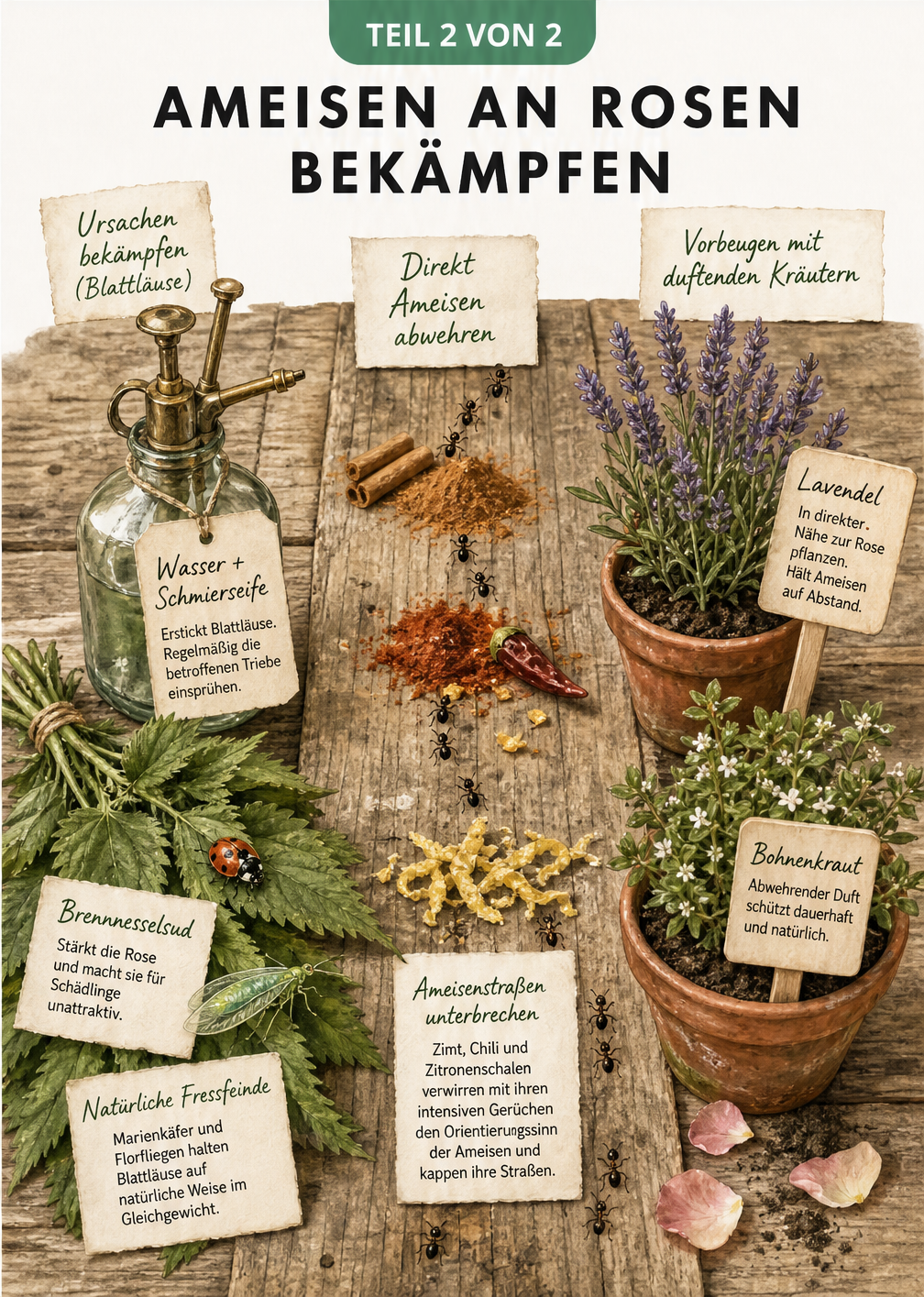 Pflanztisch mit Hausmitteln gegen Ameisen an Rosen wie Schmierseife, Zimt und Lavendel