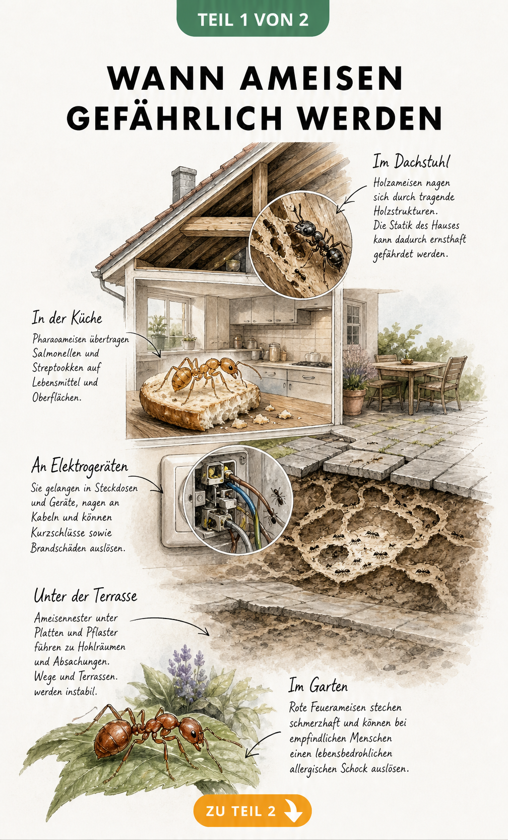 Schnittzeichnung eines Hauses mit Ameisenbefall in Küche, Dachstuhl, Terrasse und Garten