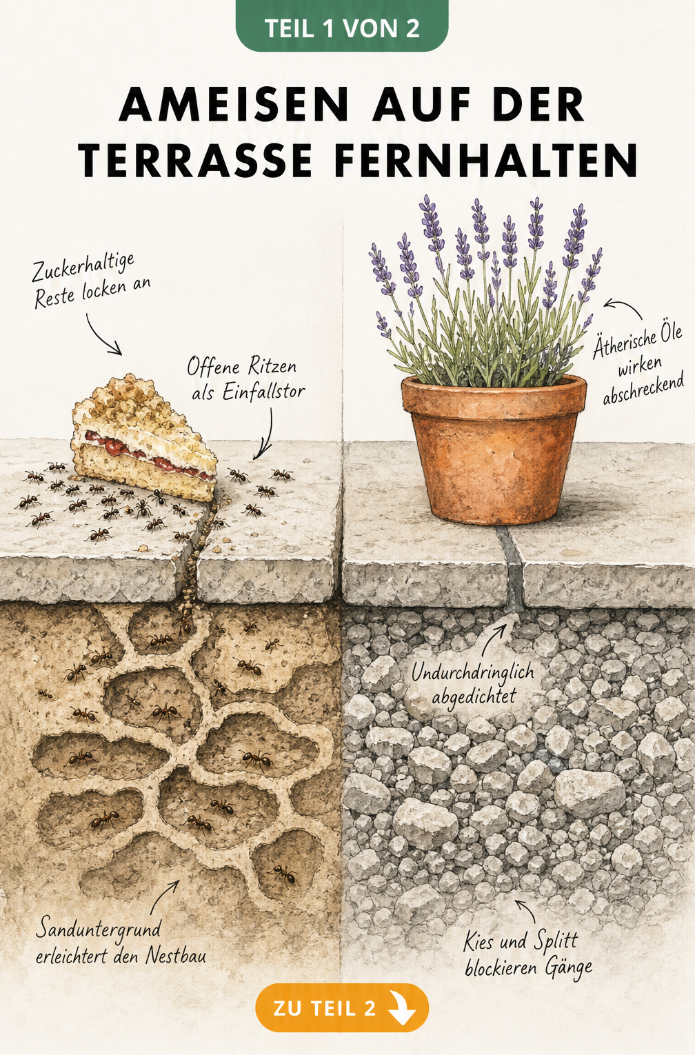 Schnittzeichnung eines Terrassenbodens, die zeigt, wie Sand und offene Fugen Ameisen anlocken, während Kies und versiegelte Fugen sie fernhalten.