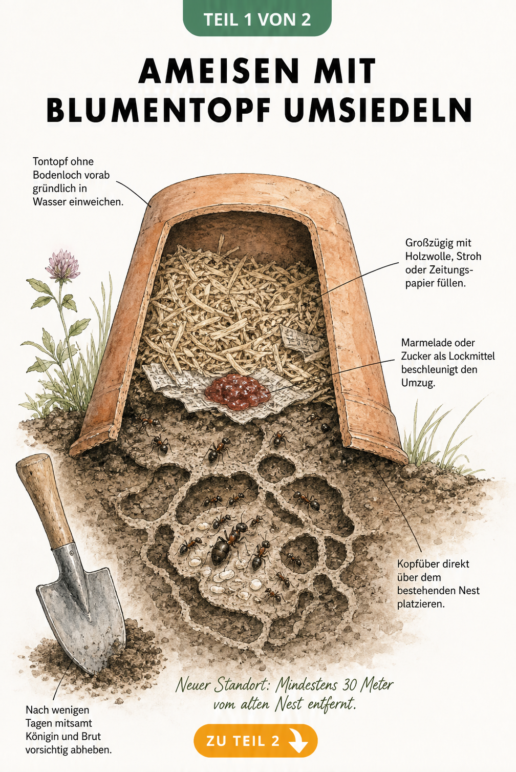 Querschnitt-Illustration eines umgestülpten Blumentopfs auf Gartenerde zur Umsiedlung von Ameisen