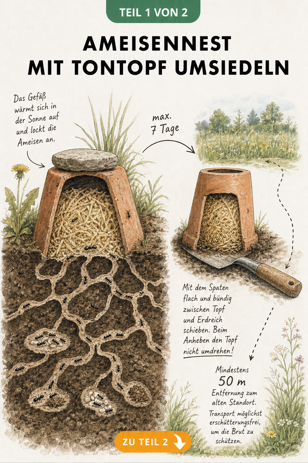 Illustration eines Ameisennests im Gartenboden, das mit einem umgedrehten, mit Holzwolle gefüllten Tontopf umgesiedelt wird.