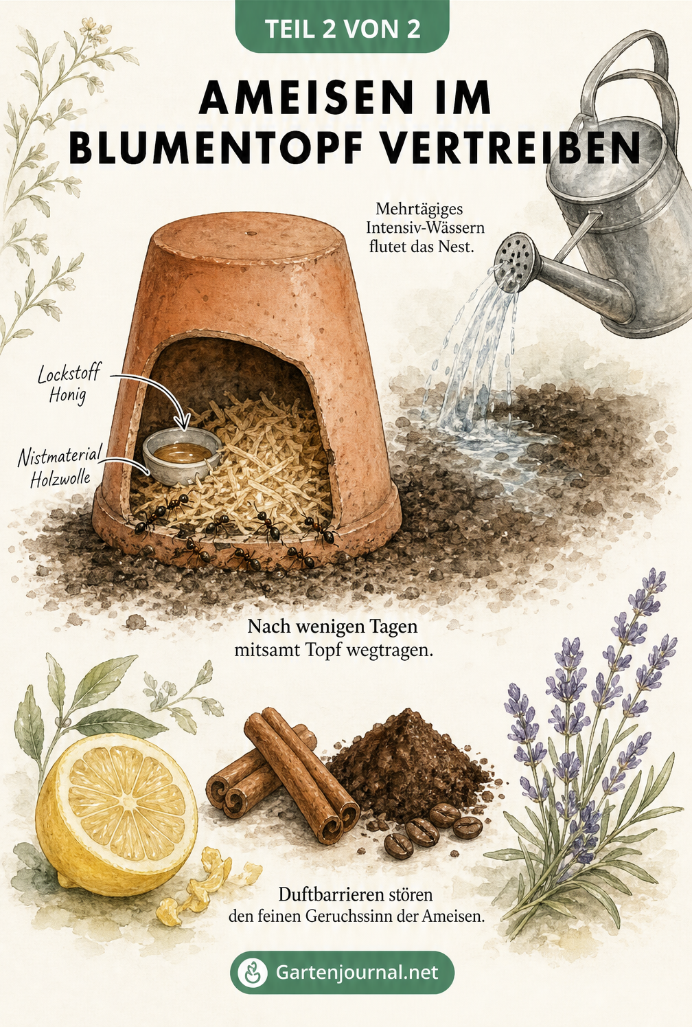 Illustration zur Ameisenbekämpfung im Blumentopf mit Tontopf, Gießkanne und Duftstoffen