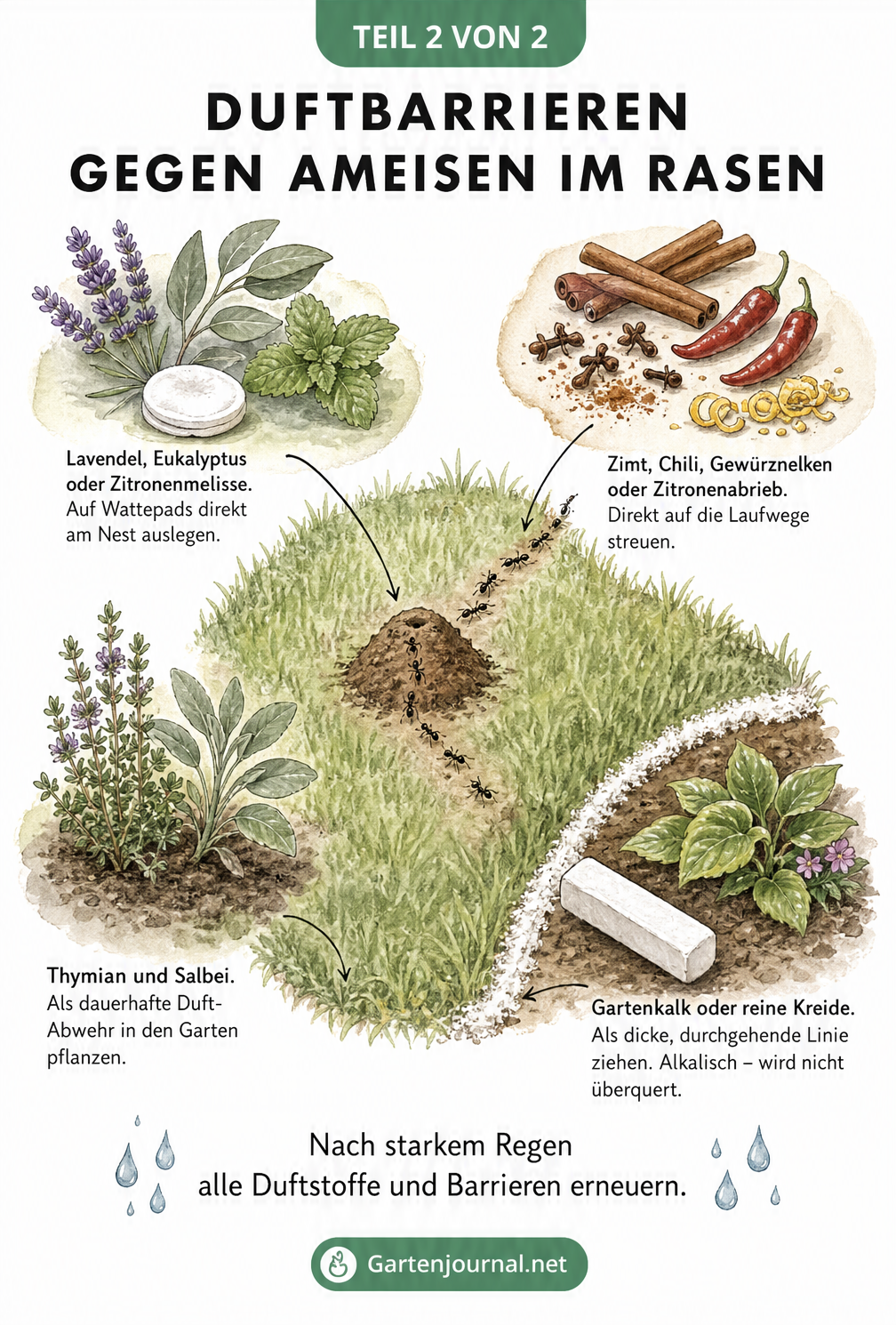 Illustration eines Rasenstücks mit Ameisennest, umgeben von natürlichen Duftbarrieren wie Lavendel, Zimt, Thymian und einer Kreidelinie.