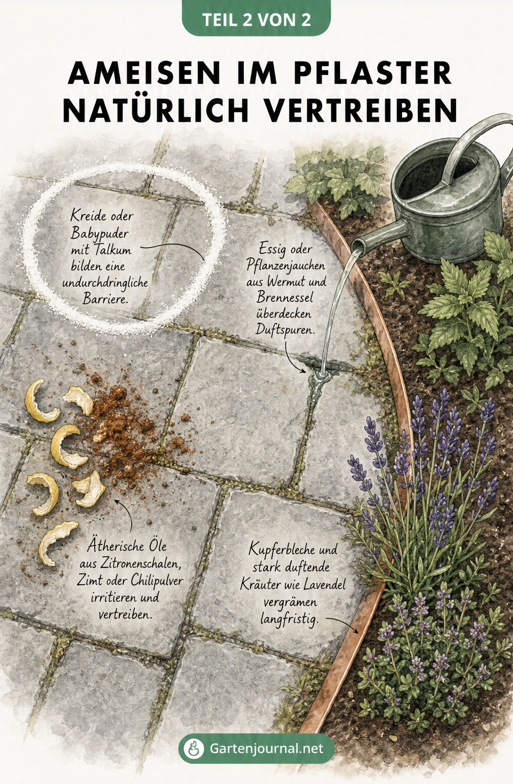 Illustration einer Terrasse mit natürlichen Abwehrmethoden gegen Ameisen: Kreide, Essig, ätherische Öle und Kupferblech.