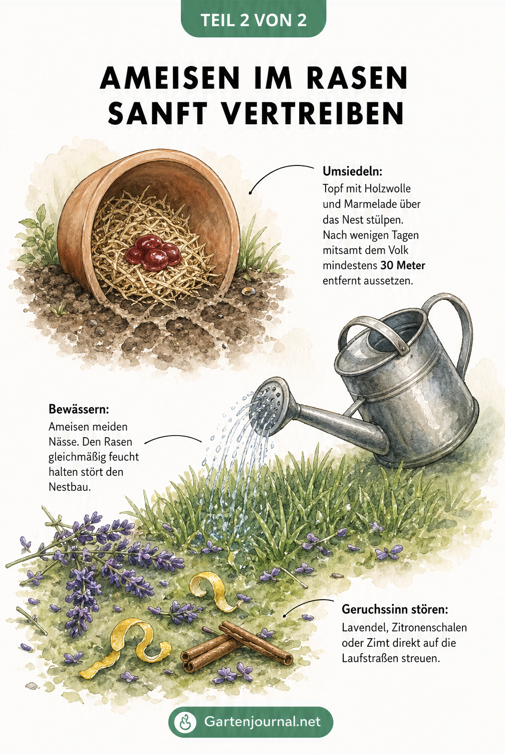 Illustration eines Blumentopfs zur Ameisenumsiedlung und einer Gießkanne mit Lavendel und Zimt