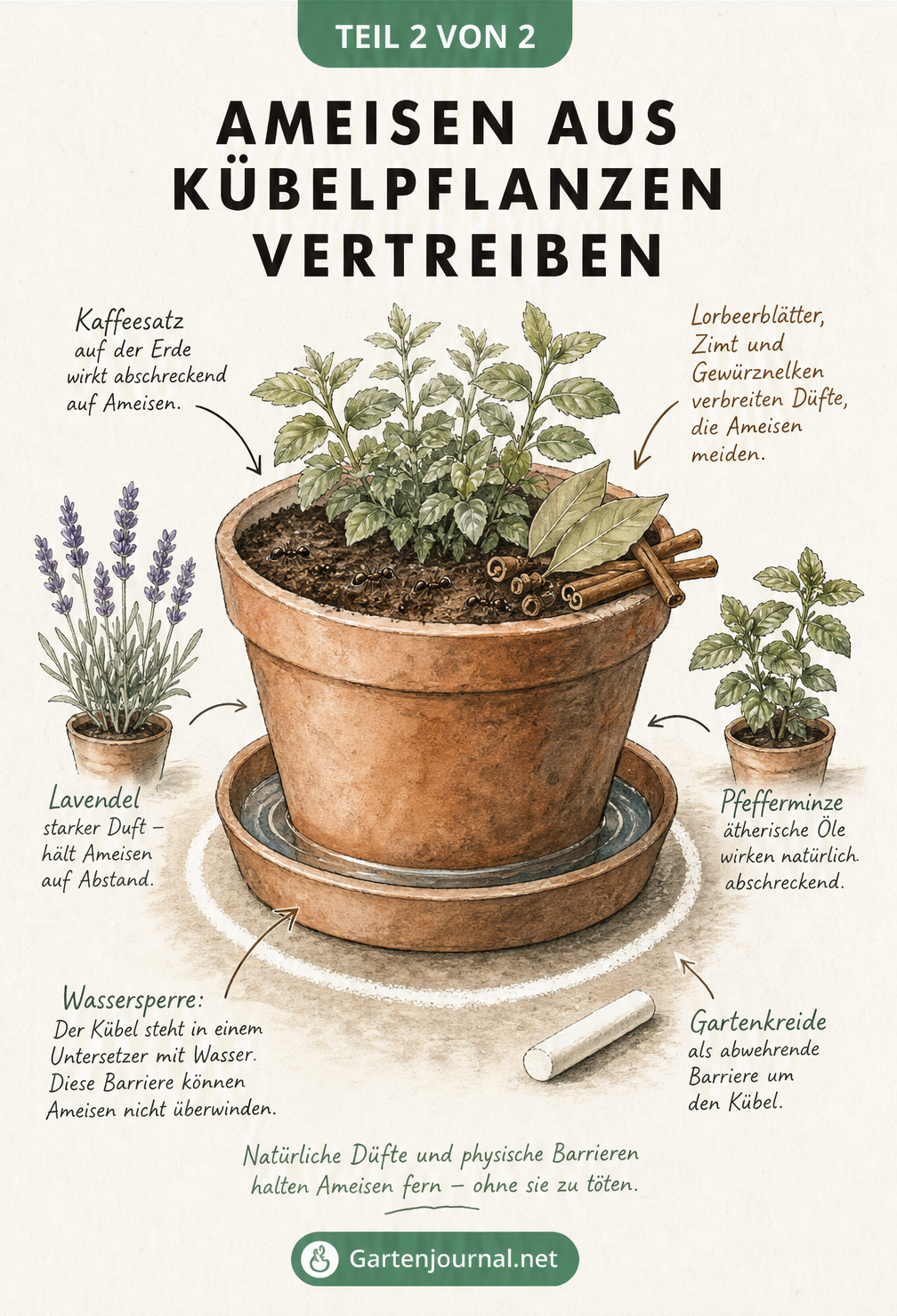 Illustration eines Pflanzkübels mit natürlichen Abwehrmaßnahmen gegen Ameisen wie Wassersperre, Kaffeesatz, Gewürzen und Kreide.