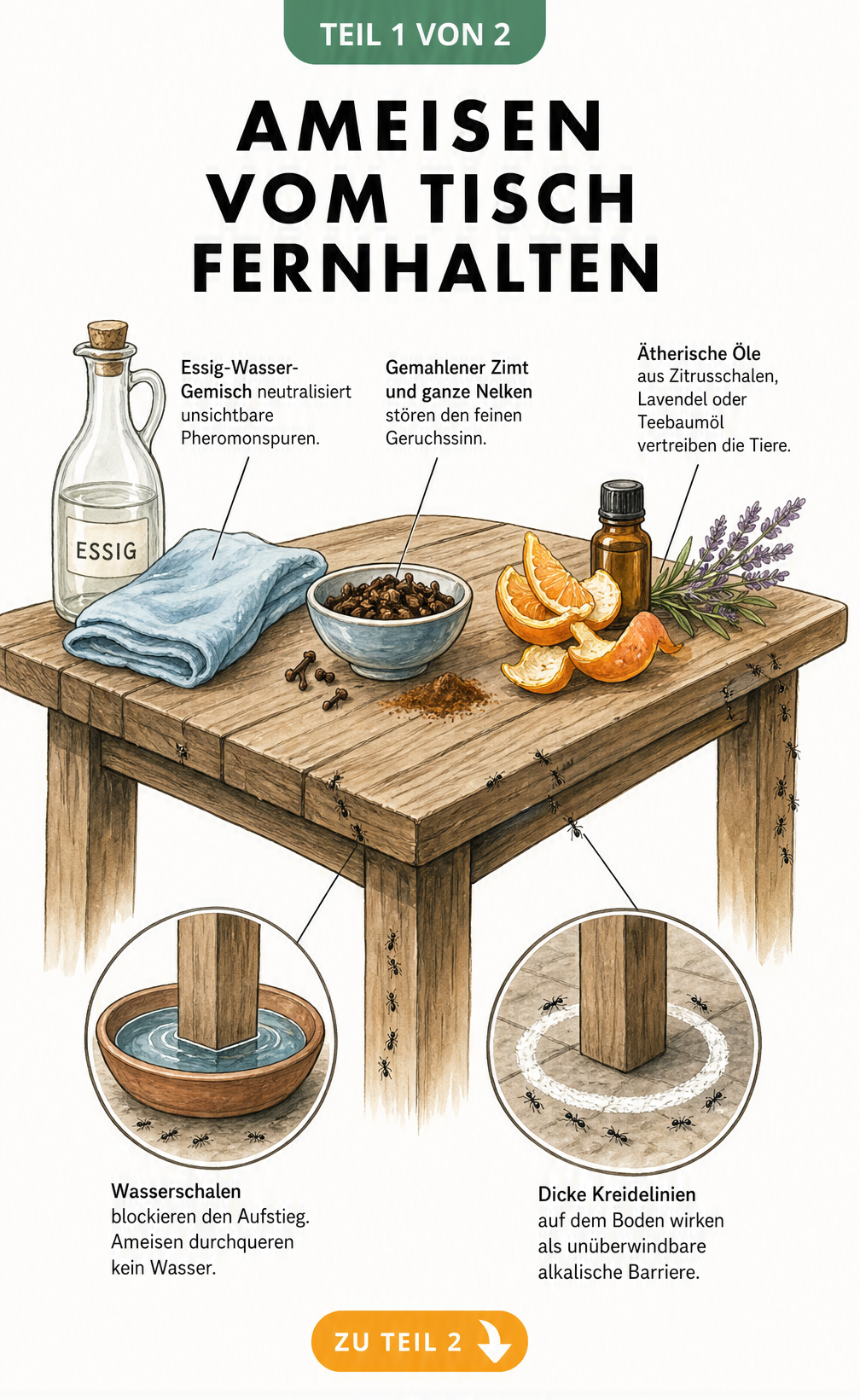 Illustration eines Gartentisches mit natürlichen Barrieren gegen Ameisen wie Wasserschalen, Kreide, Essig und Gewürzen