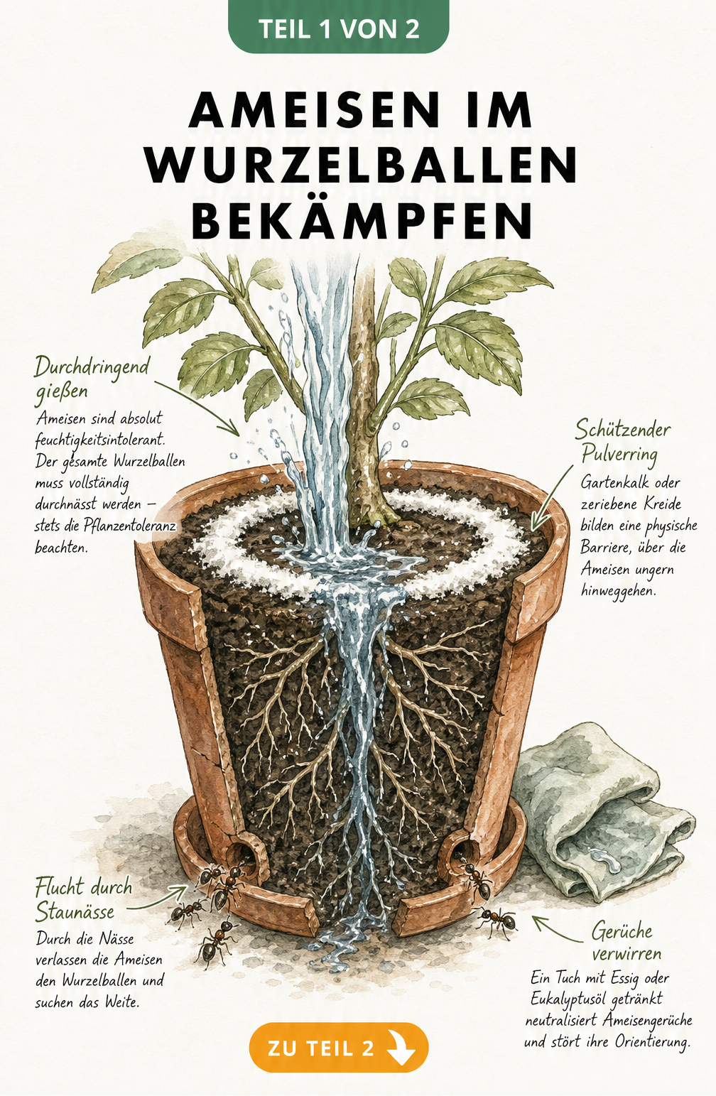 Querschnitt eines bepflanzten Terrakotta-Topfes mit Ameisen, die vor Wasser und Hausmitteln wie Kalk und Essig flüchten